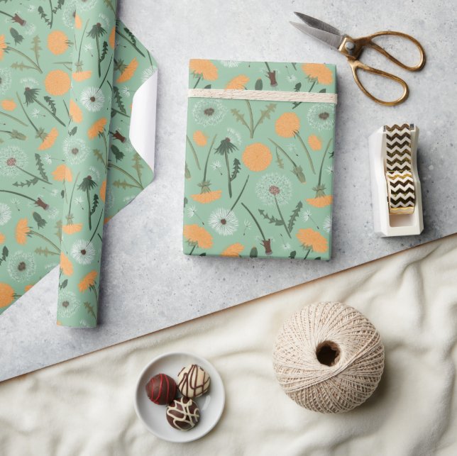 Dandelion Flowers Orange Floral Pattern Wrapping Paper (Crafts)