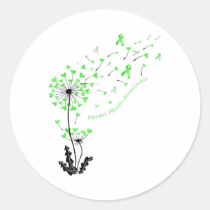 Dandelion Heart Green Ribbon Mental Health Awarene Classic Round Sticker