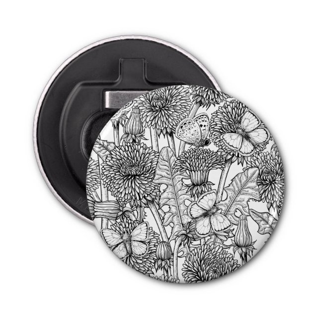 Dandelion meadow in black and white bottle opener (Front)