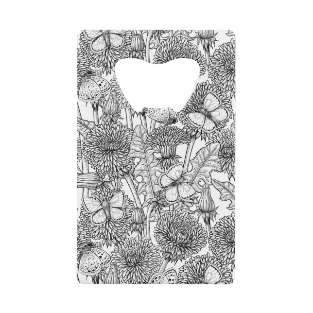 Dandelion meadow in black and white credit card bottle opener (Front)