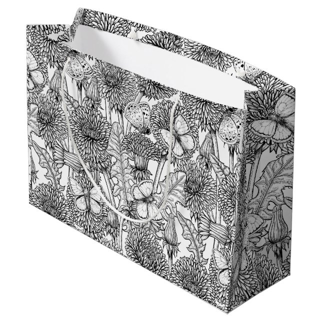 Dandelion meadow in black and white large gift bag (Back Angled)