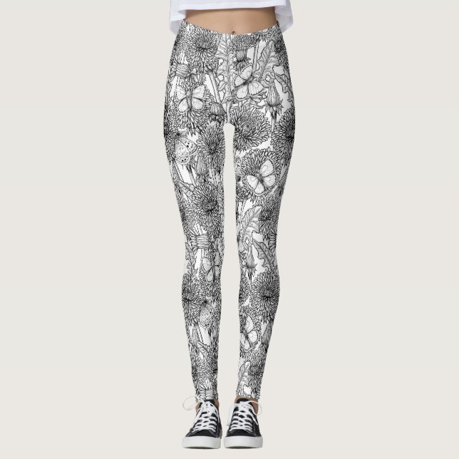 Dandelion meadow in black and white leggings (Front)