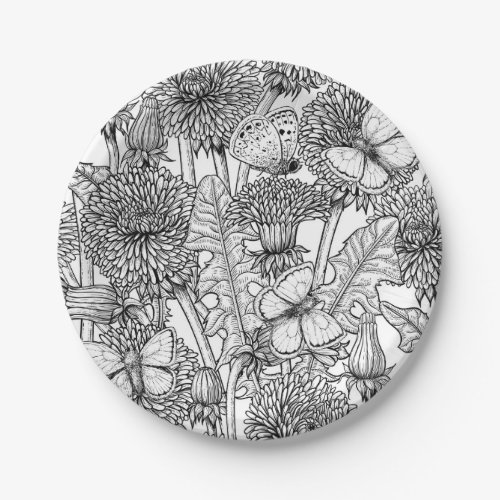 Dandelion meadow in black and white paper plates