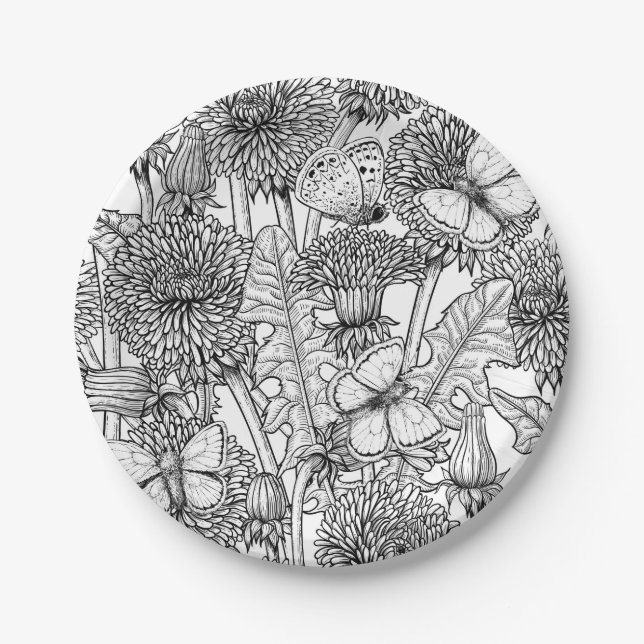Dandelion meadow in black and white paper plates (Front)