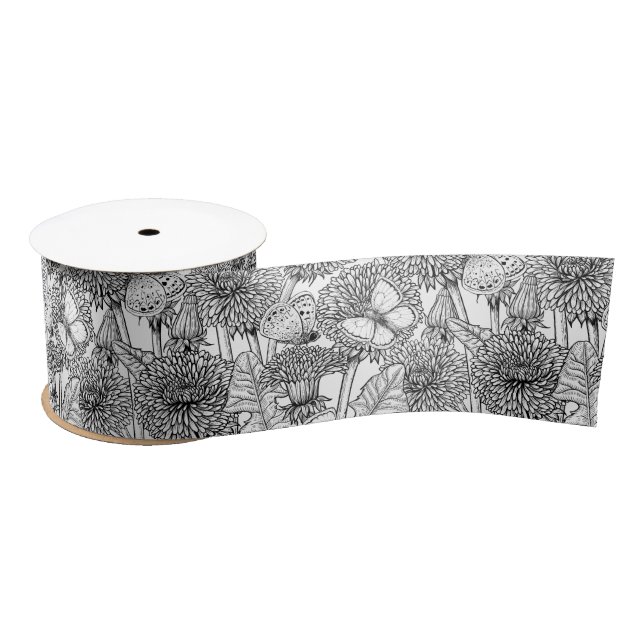 Dandelion meadow in black and white satin ribbon (Spool)