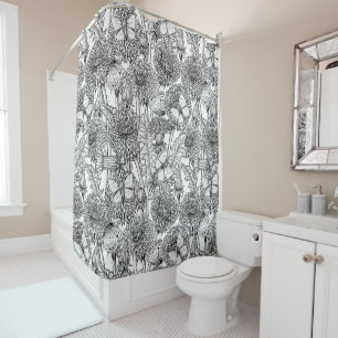 Dandelion meadow in black and white shower curtain