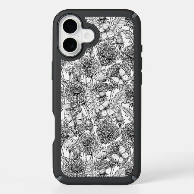 Dandelion meadow in black and white speck iPhone case (Front)
