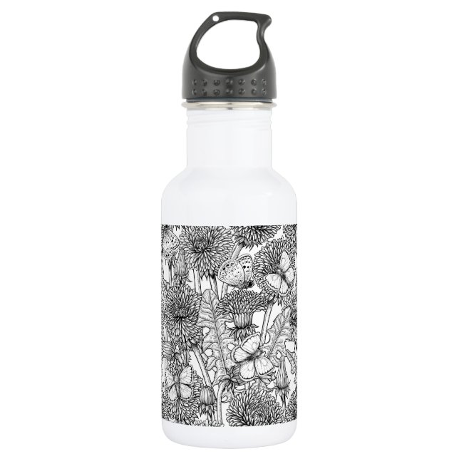 Dandelion meadow in black and white stainless steel water bottle (Front)