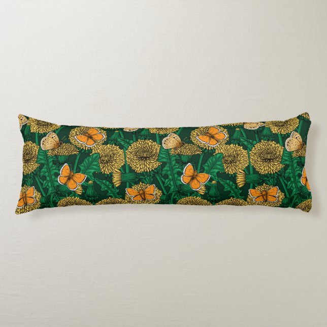 Dandelion meadow on dark green body pillow (Front)