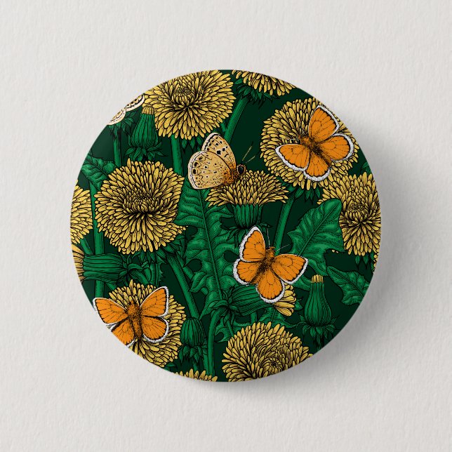 Dandelion meadow on dark green button (Front)