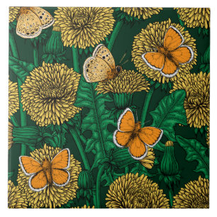 Dandelion meadow on dark green ceramic tile