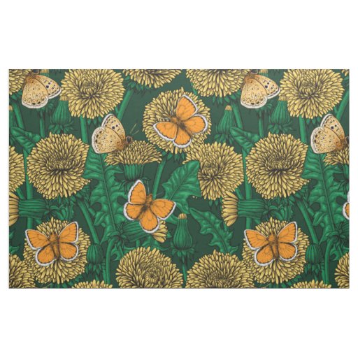 Dandelion meadow on dark green fabric