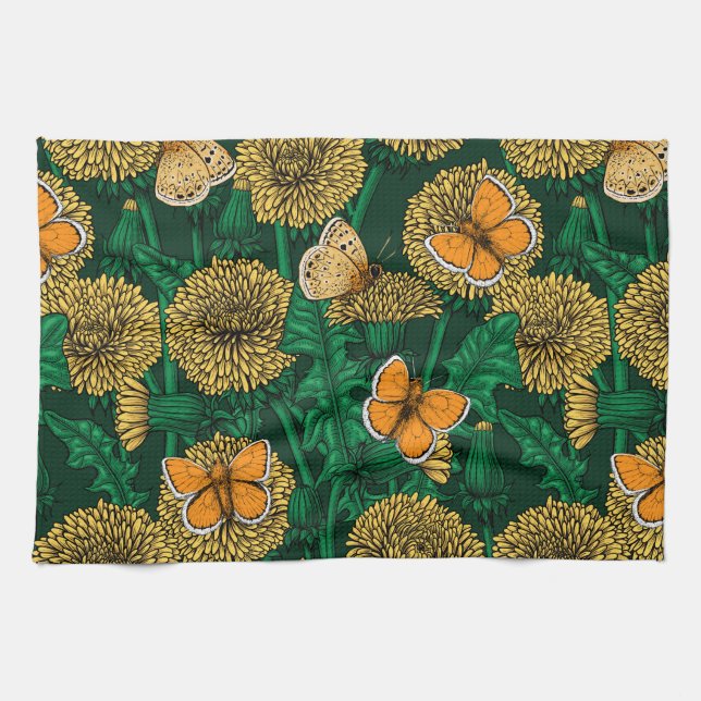 Dandelion meadow on dark green kitchen towel (Horizontal)