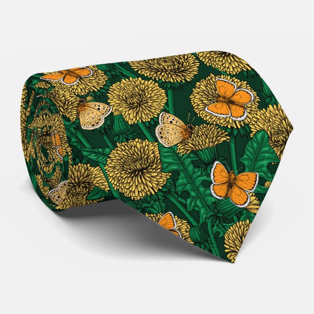Dandelion meadow on dark green neck tie (Rolled)