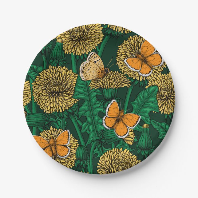 Dandelion meadow on dark green paper plates (Front)