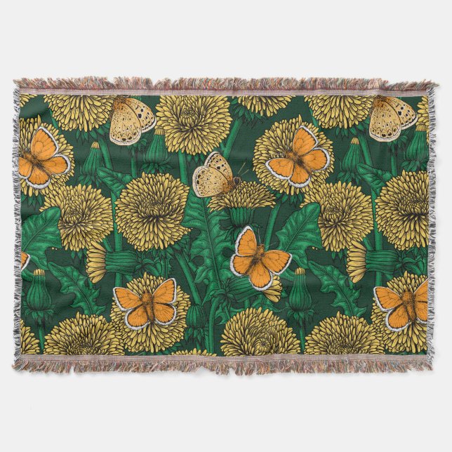 Dandelion meadow on dark green throw blanket (Front)