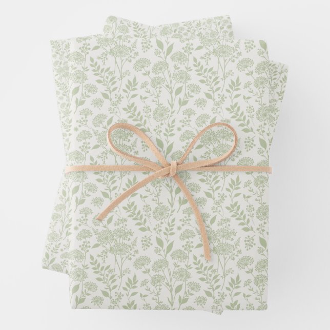 Dandelion Meadow Soft Olive - Neutral Wrapping Paper Sheets (In situ)