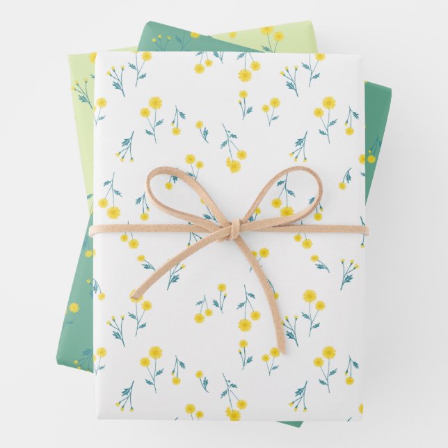 Dandelion Minimalist Floral Whimsical Ditsy Cute Wrapping Paper Sheets (In situ)
