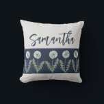 Dandelion Name Sage Navy Blue Throw Pillow<br><div class="desc">This whimsical 16" x 16" throw pillow features repeated hand drawn dandelions with a placeholder for your name or any words you would like! The backside features the same dandelions,  navy blue background on front and back.</div>