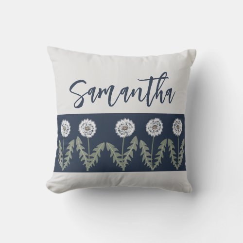 Dandelion Name Sage Navy Blue Throw Pillow