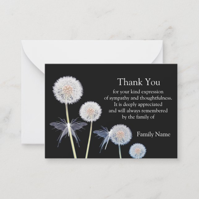 Dandelion On Black After Funeral Thank You Cards (Front)