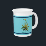 Dandelion On Blue Pitcher<br><div class="desc">A botanical illustration of a Dandelion (Taraxacum officinale) superimposed on a blue background. Customizable text reading "Dandelion (Taraxacum officinale)" also appears. You may change both the background and text colors. The English name for the common, widely-spread plant is likely derived from French "dent de lion" meaning "lion's tooth", referring to...</div>