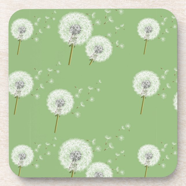 Dandelion Pattern on Green Background Drink Coaster (Front)