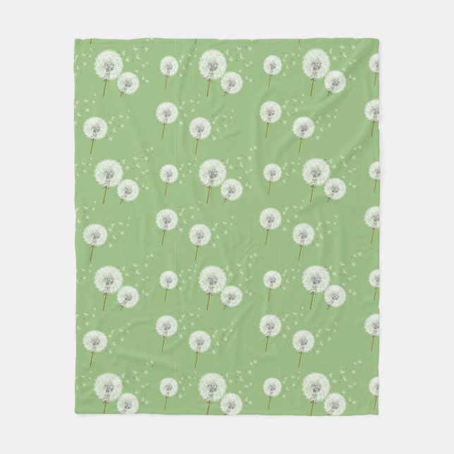 Dandelion Pattern on Green Background Fleece Blanket (Front)
