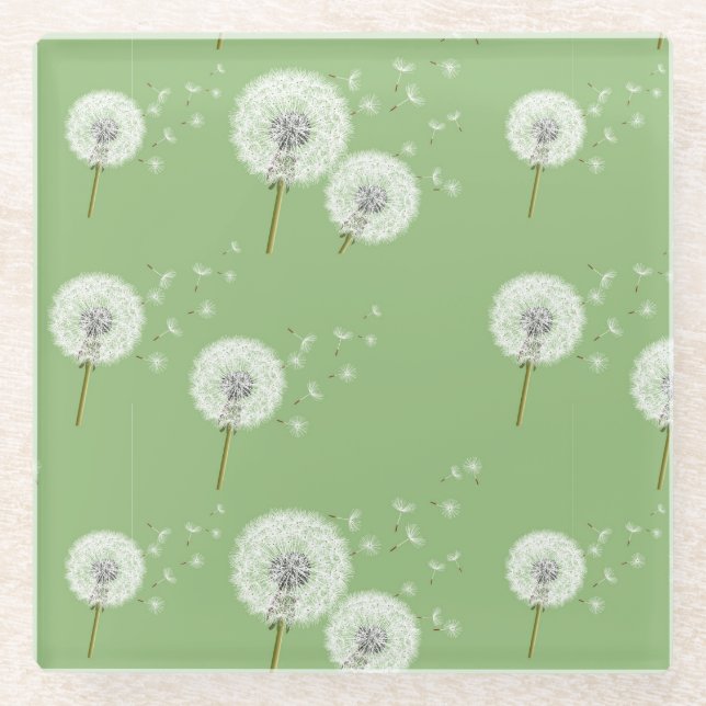 Dandelion Pattern on Green Background Glass Coaster (Front)
