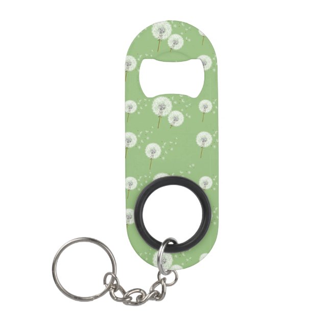 Dandelion Pattern on Green Background Keychain Bottle Opener (Front)