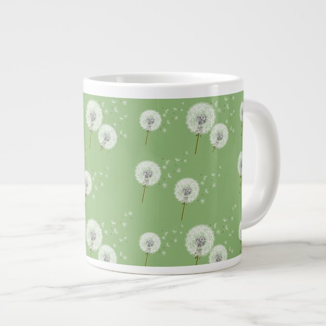 Dandelion Pattern on Green Background Large Coffee Mug (Front Right)