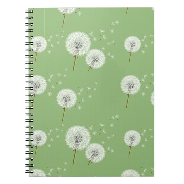 Dandelion Pattern on Green Background Notebook (Front)