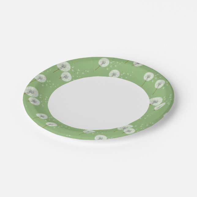 Dandelion Pattern on Green Background Paper Plates (Angled)