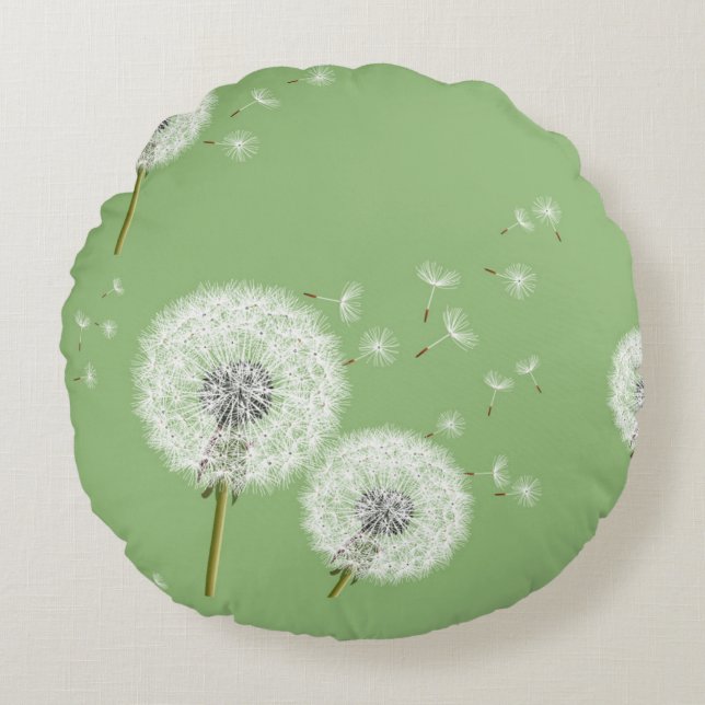 Dandelion Pattern on Green Background Round Pillow (Front)