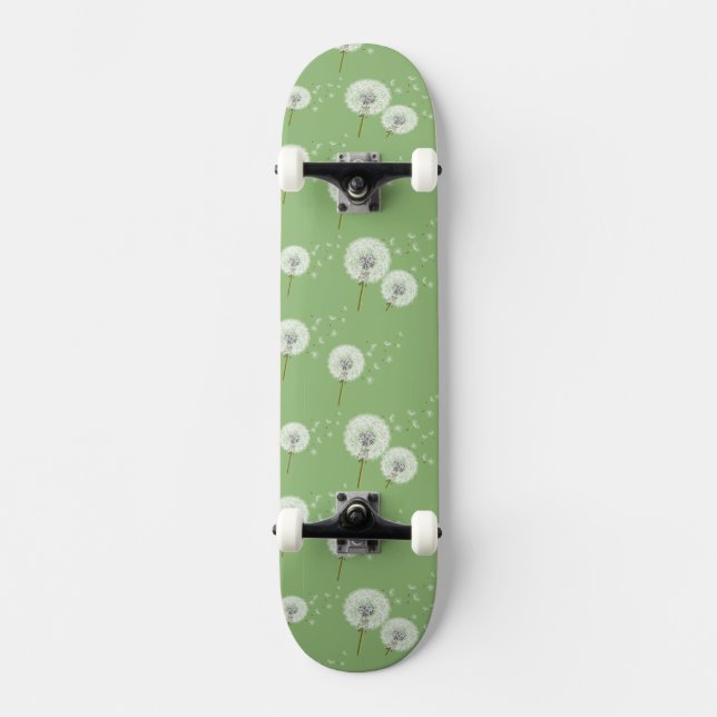 Dandelion Pattern on Green Background Skateboard Deck (Front)