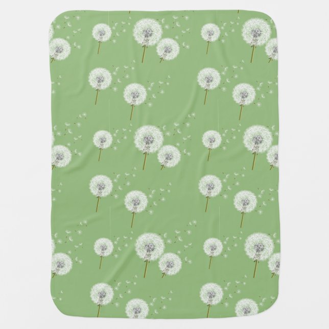 Dandelion Pattern on Green Background Swaddle Blanket (Front)