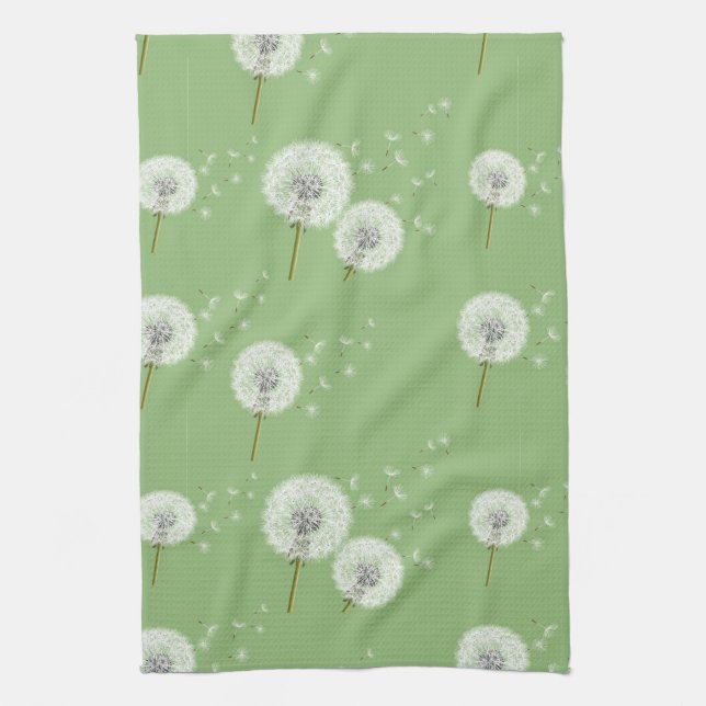 Dandelion Pattern on Green Background Towel (Vertical)
