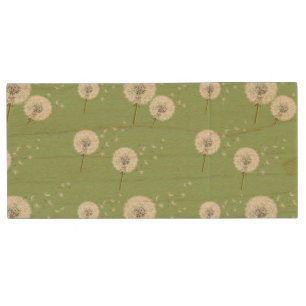 Dandelion Pattern on Green Background Wood Flash Drive