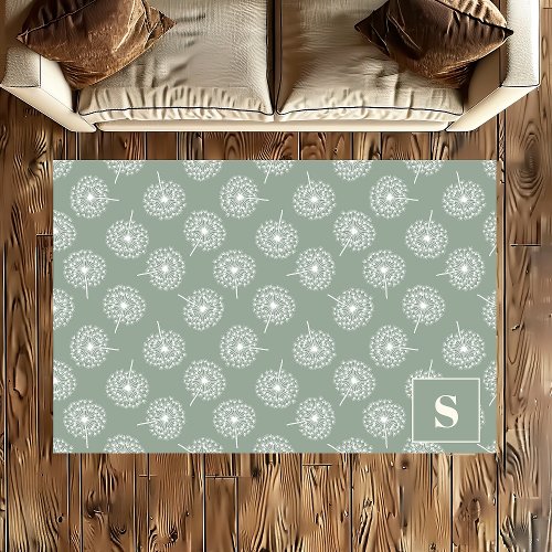 Dandelion Pattern Sage Green Monogrammed Rug