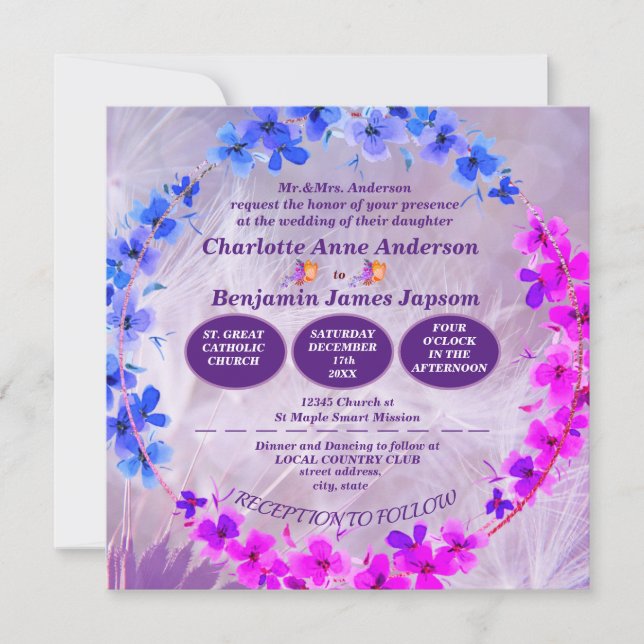Dandelion Purple  Floral Wedding  Invitation (Front)