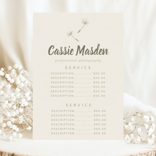 Dandelion Seed Rustic Botanical Service Price Menu