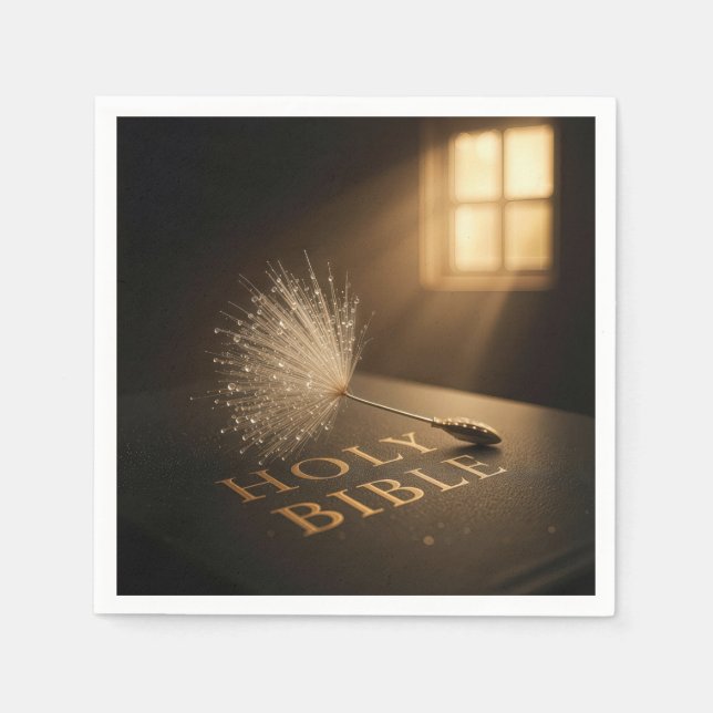 Dandelion Seedling with Water Droplets on a Bible  Napkins (Front)