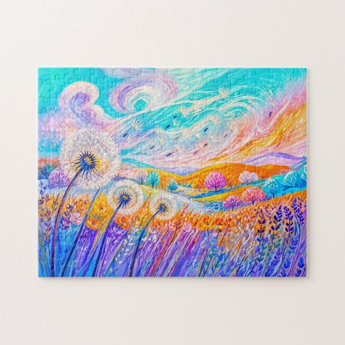 Dandelion seeds drifting in gentle wind jigsaw puzzle