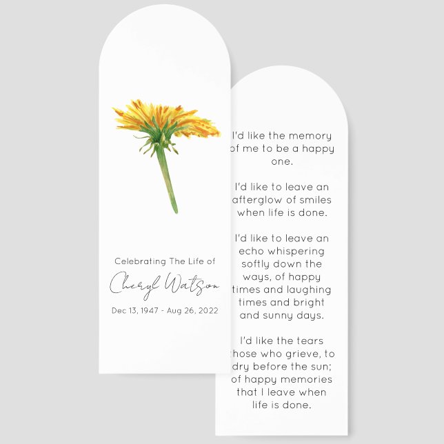 Dandelion | Simple Funeral Memorial Bookmark (Front & Back)