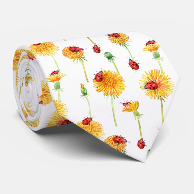 Dandelion Stems and Red Lady Bugs on White Neck Tie (Rolled)