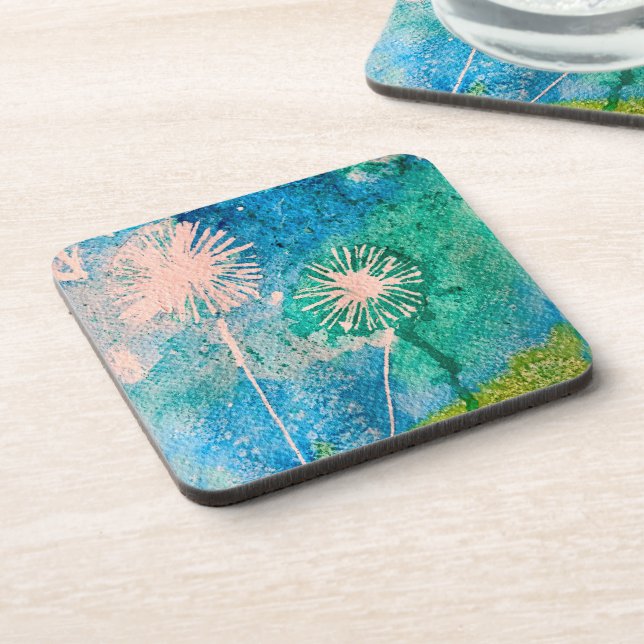 Dandelion watercolor abstract blue and green beverage coaster (Left Side)