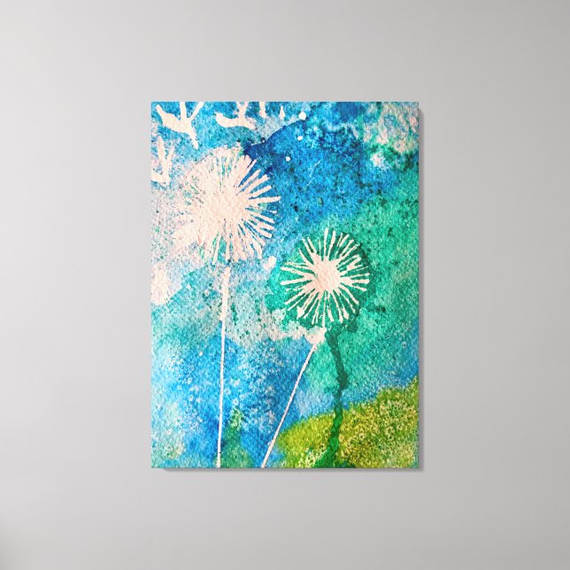 Dandelion watercolor abstract blue and green canvas print (Front)