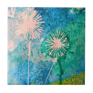 Dandelion watercolor abstract blue and green ceramic tile