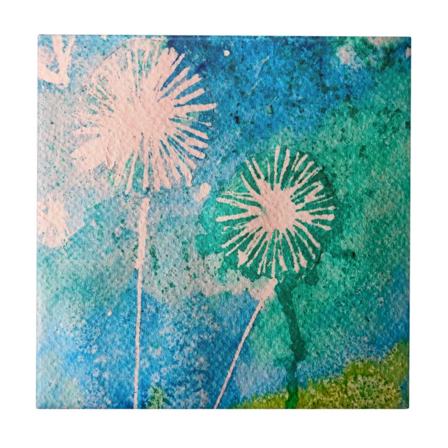 Dandelion watercolor abstract blue and green ceramic tile (Front)
