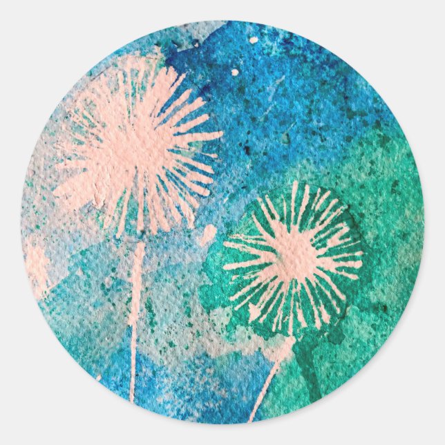 Dandelion watercolor abstract blue and green classic round sticker (Front)